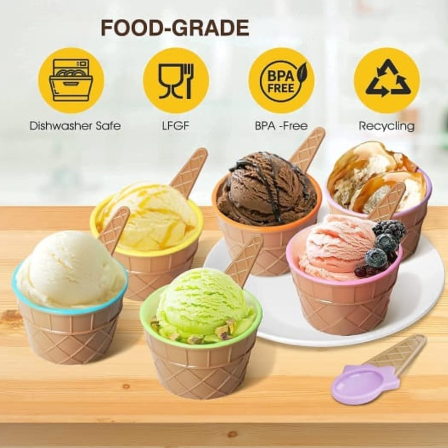 Ice-Cream / Waffle Spoon Bowel Cup Set  With Spoon 6 Pc Random Color