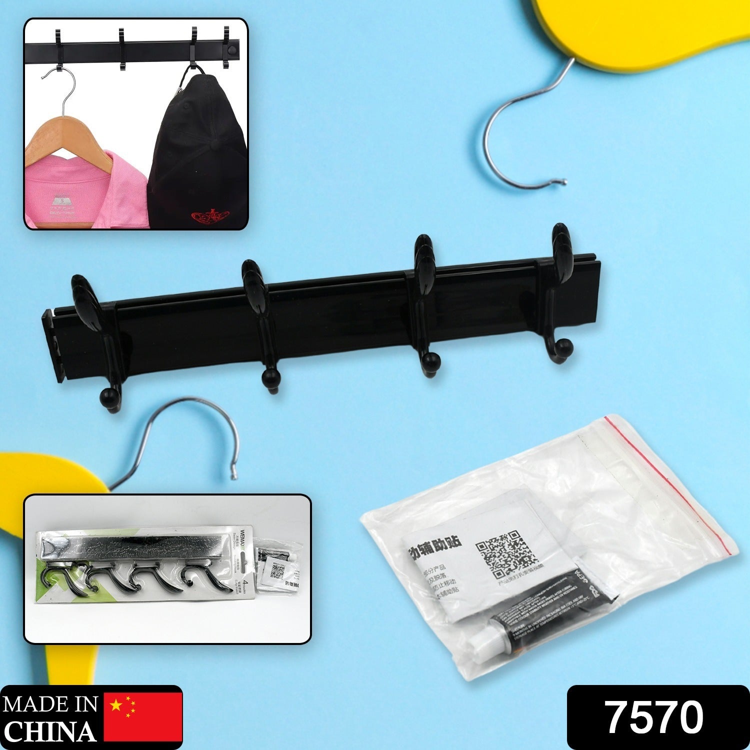 Cloth hanger, Wall Door Hooks Rail for Hanging Clothes for Hanging Hook Rack Rai - 7570_wall_mounted_4hook_hanger