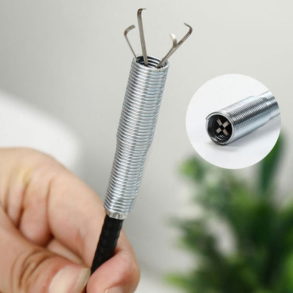 Cleaning tool with flexible spring mechanism for clearing hair and debris from drains.