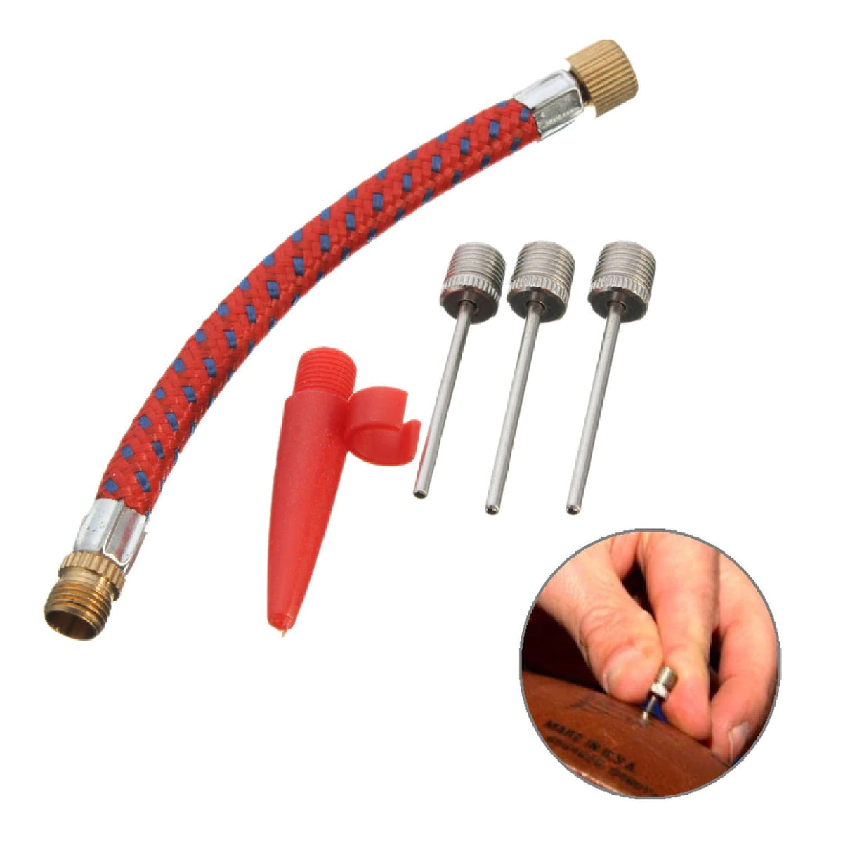 Inflating needle pin nozzle for basketball or football ball air pump.