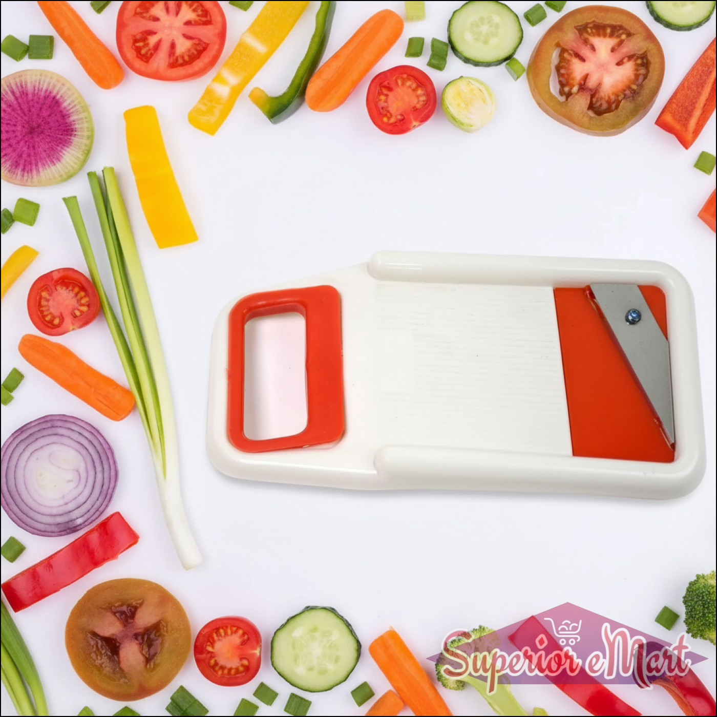 Vegetable chopper with colorful vegetables on a white background