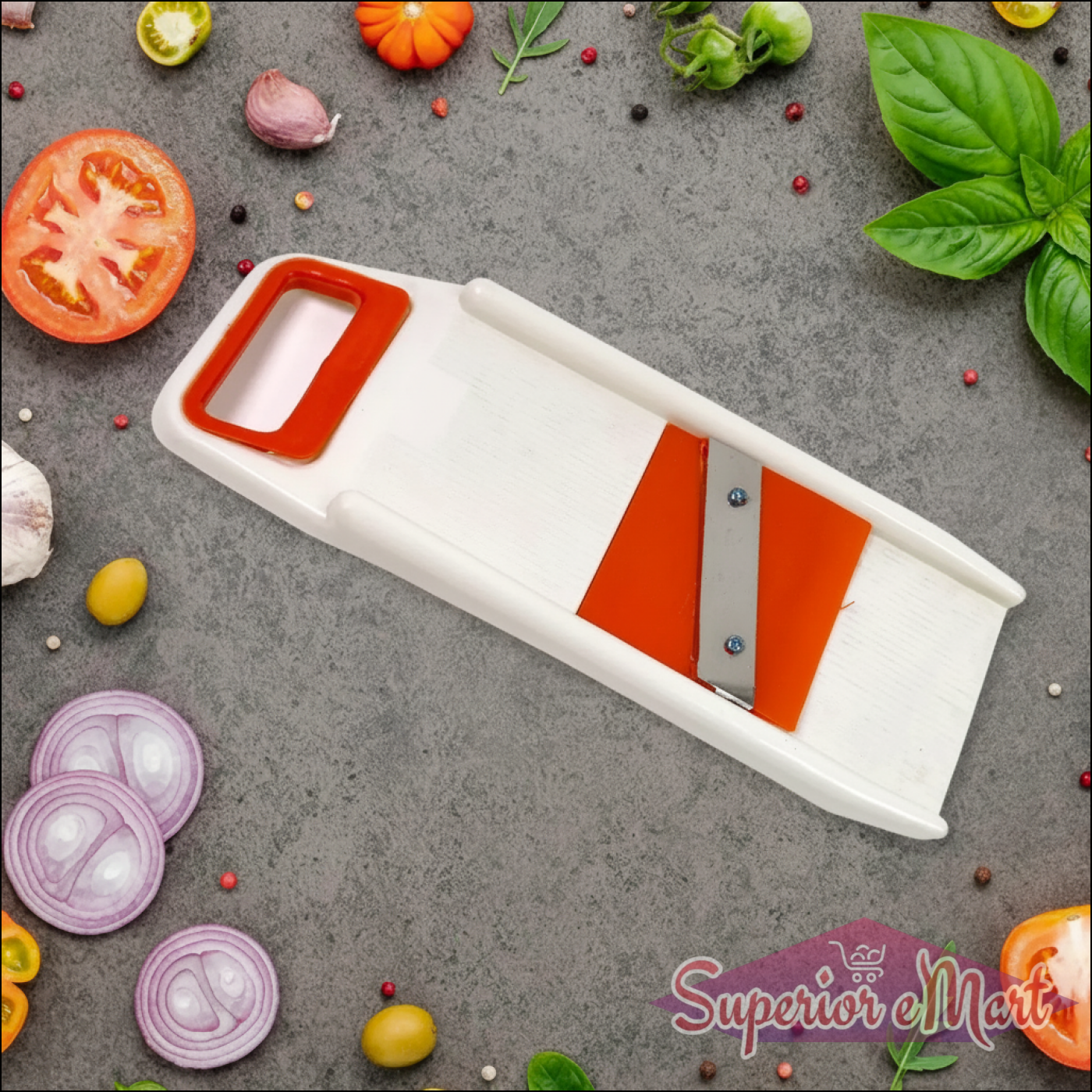 Veggie chopper on a gray surface with vegetables around