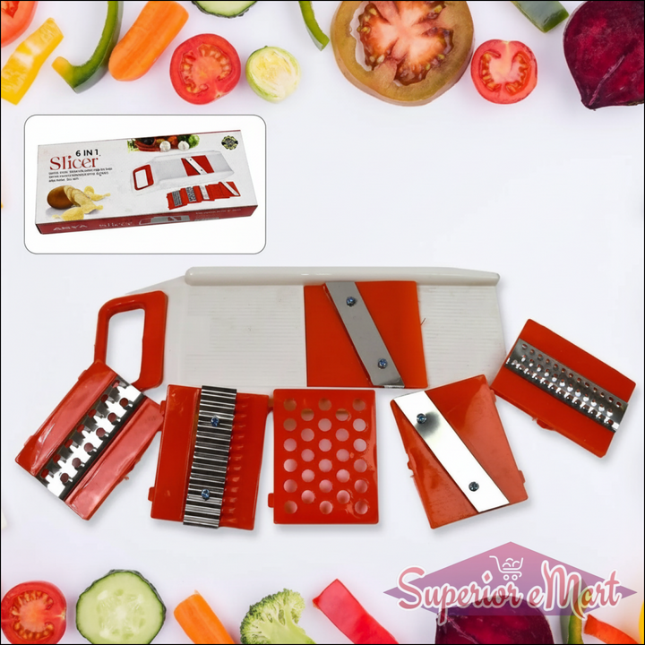 Red 6-in-1 slicer with various attachments on a white background with sliced vegetables.