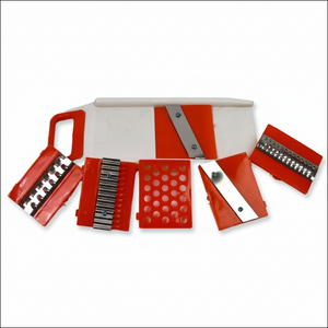 Set of red cheese graters with different patterns on a white background