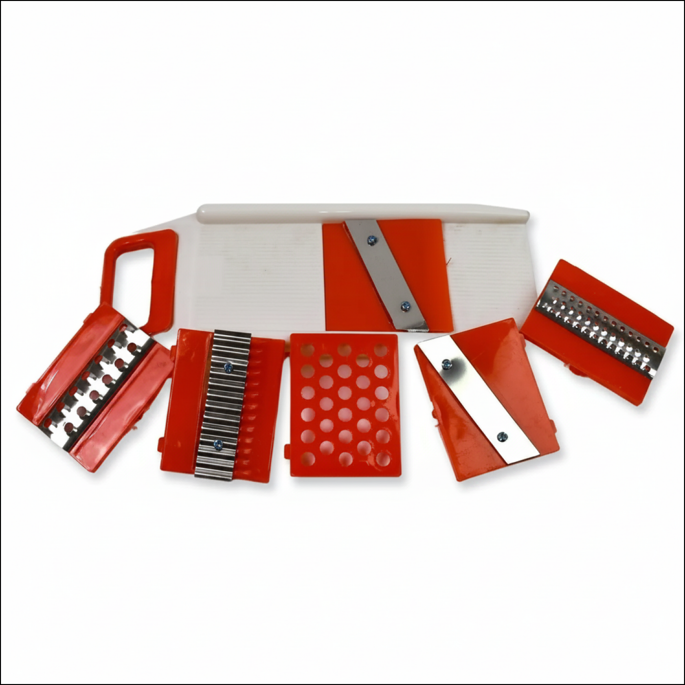 Set of red cheese graters with different patterns on a white background