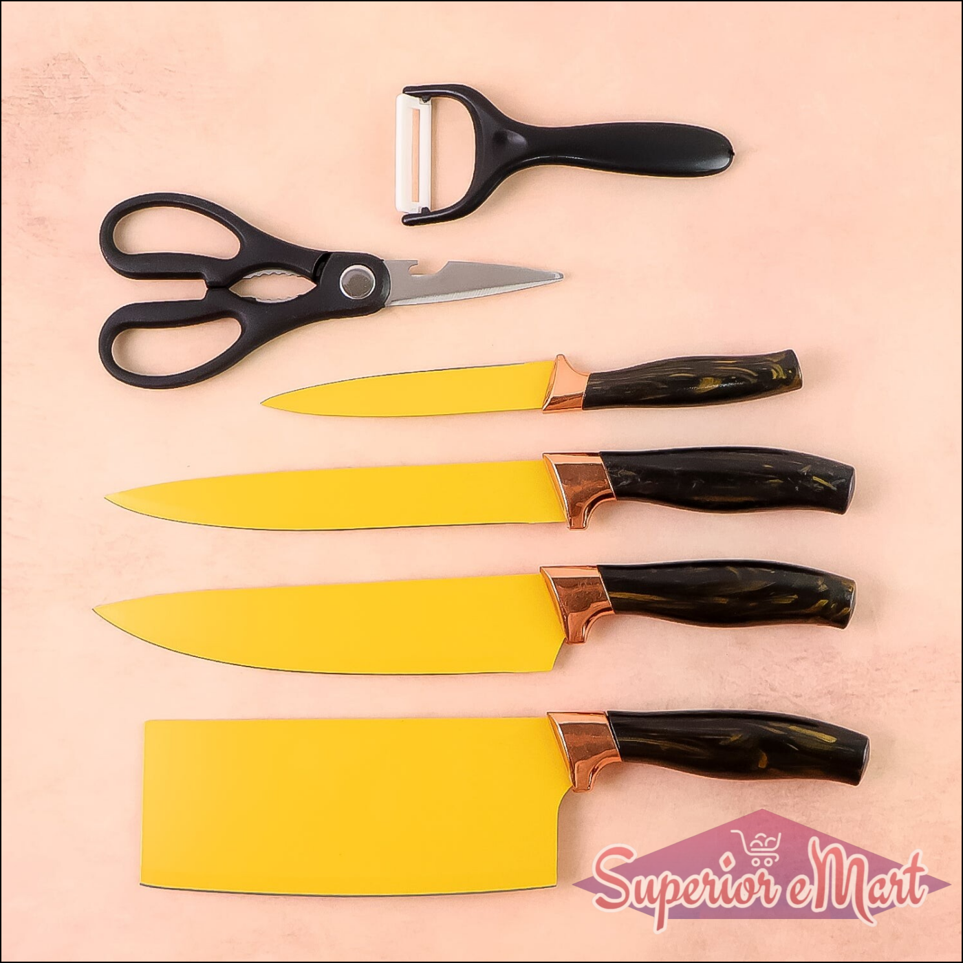 Superior eMart professional kitchen knife set with colorful blades and ergonomic handles for chefs