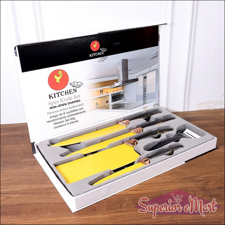 Professional kitchen knife set in a sleek box featuring six non-stick coated knives for culinary enthusiasts