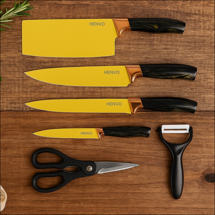 Superior eMart professional kitchen knife set with ergonomic handles and vibrant yellow blades