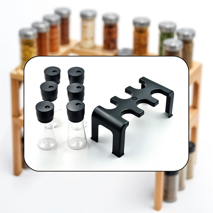 6-piece spice rack set with glass containers and black organizer for kitchen storage