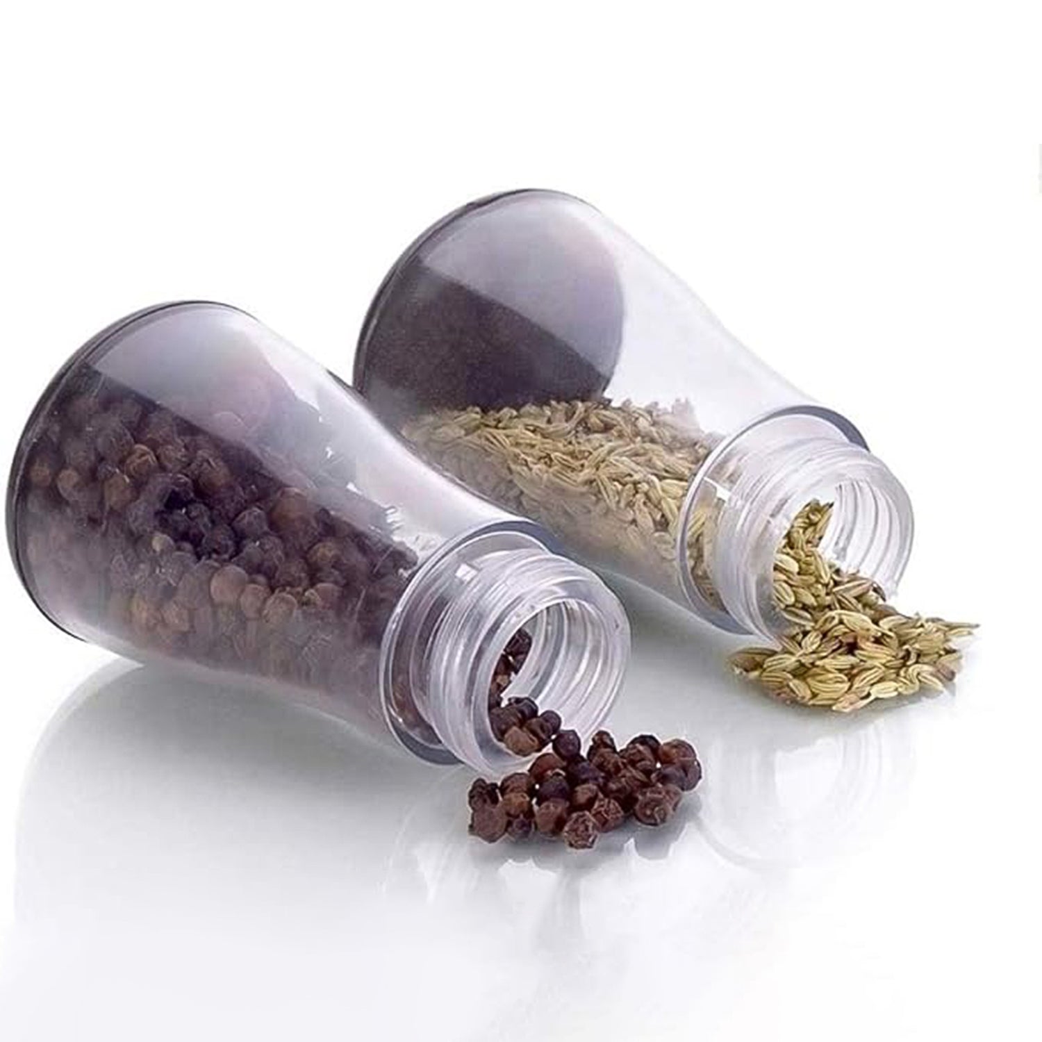 Transparent containers from a 6-piece spice rack showing spices in clear jars for easy identification