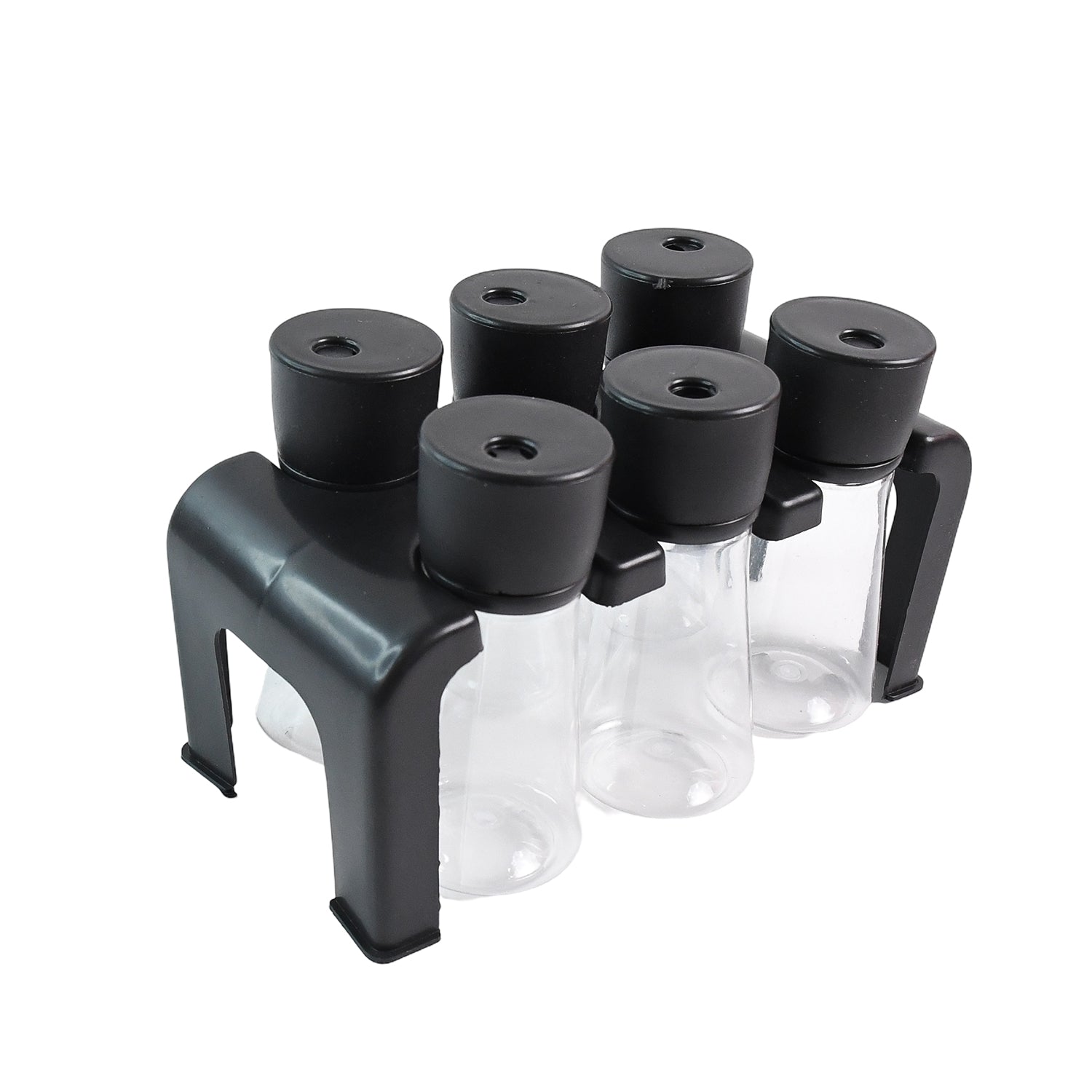 6-piece spice rack with clear glass containers and black lids for organized kitchen storage