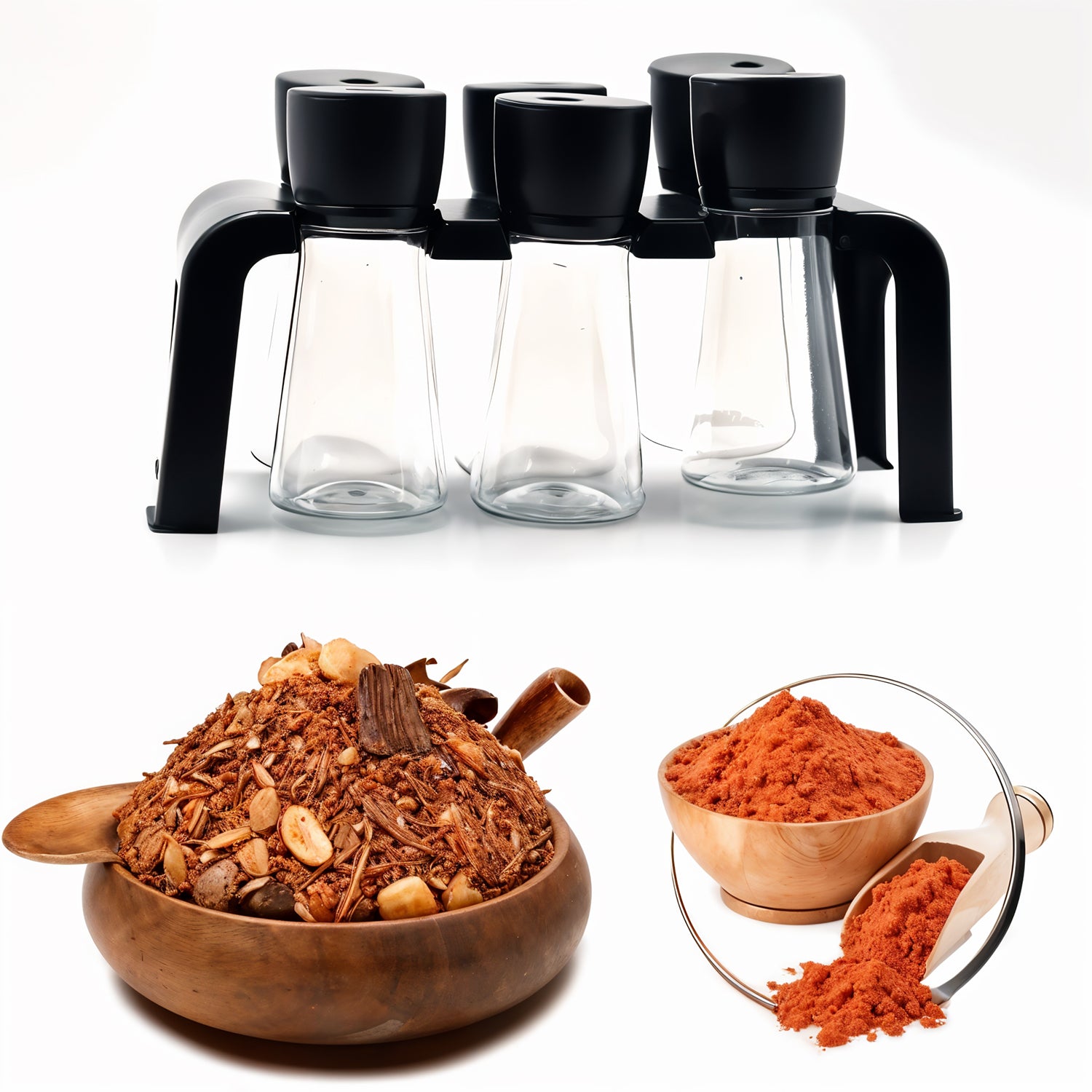 6-piece spice rack with glass containers and black lids for organized kitchen storage