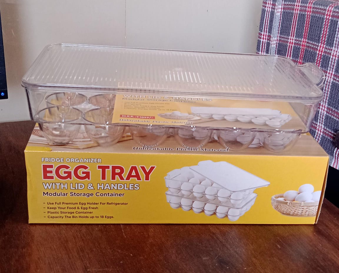 Plastic 18 Cavity Egg Storage Box Or Egg Trays For Refrigerator With Lid & Handl - 5623_18_grid_egg_storage_box_brown