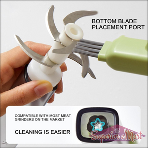 Hand holding a meat grinder attachment with text indicating features and compatibility.