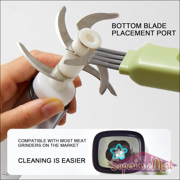 Hand holding a meat grinder attachment with text indicating features and compatibility.