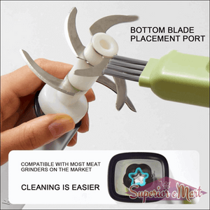Hand holding a meat grinder attachment with text indicating features and compatibility.