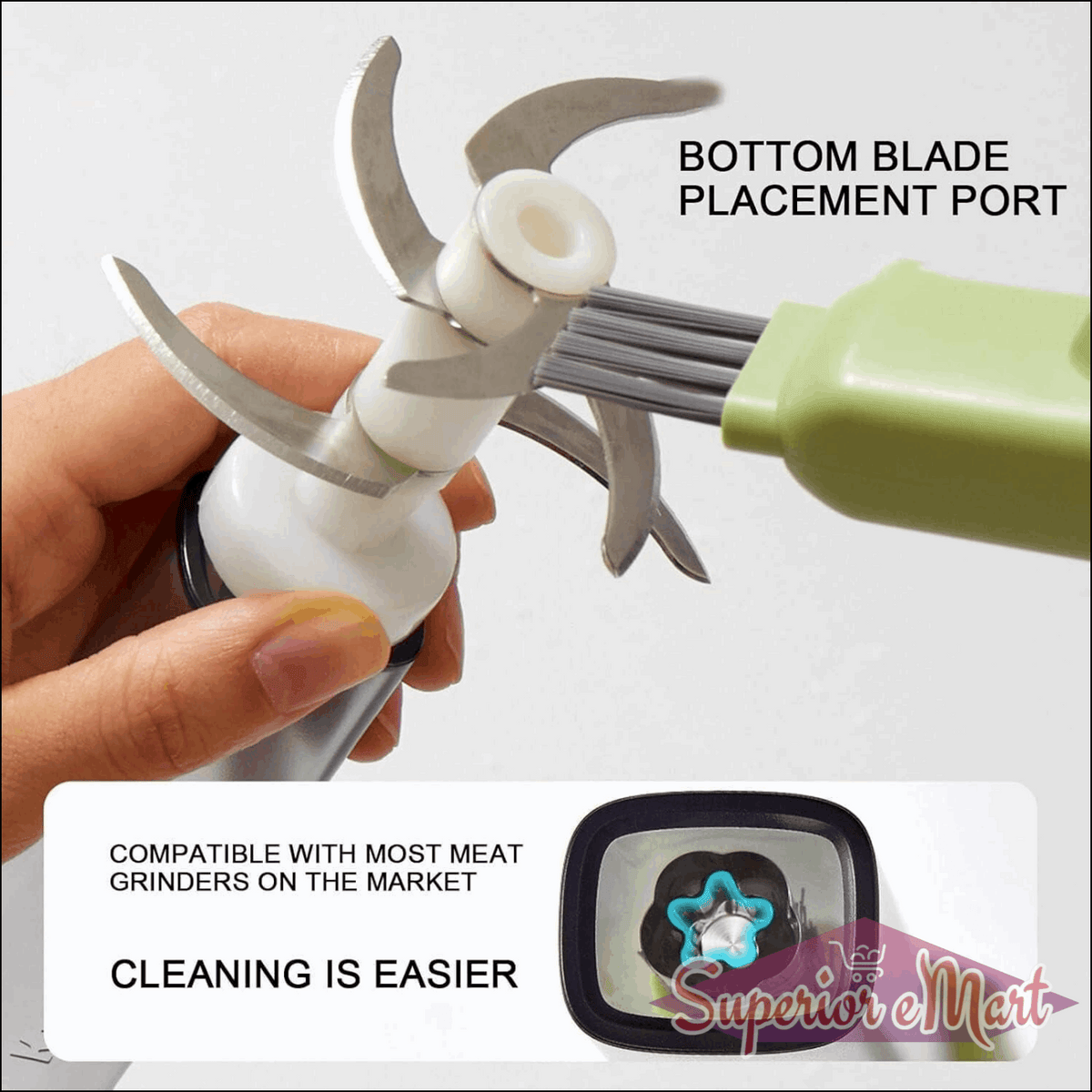 Hand holding a meat grinder attachment with text indicating features and compatibility.