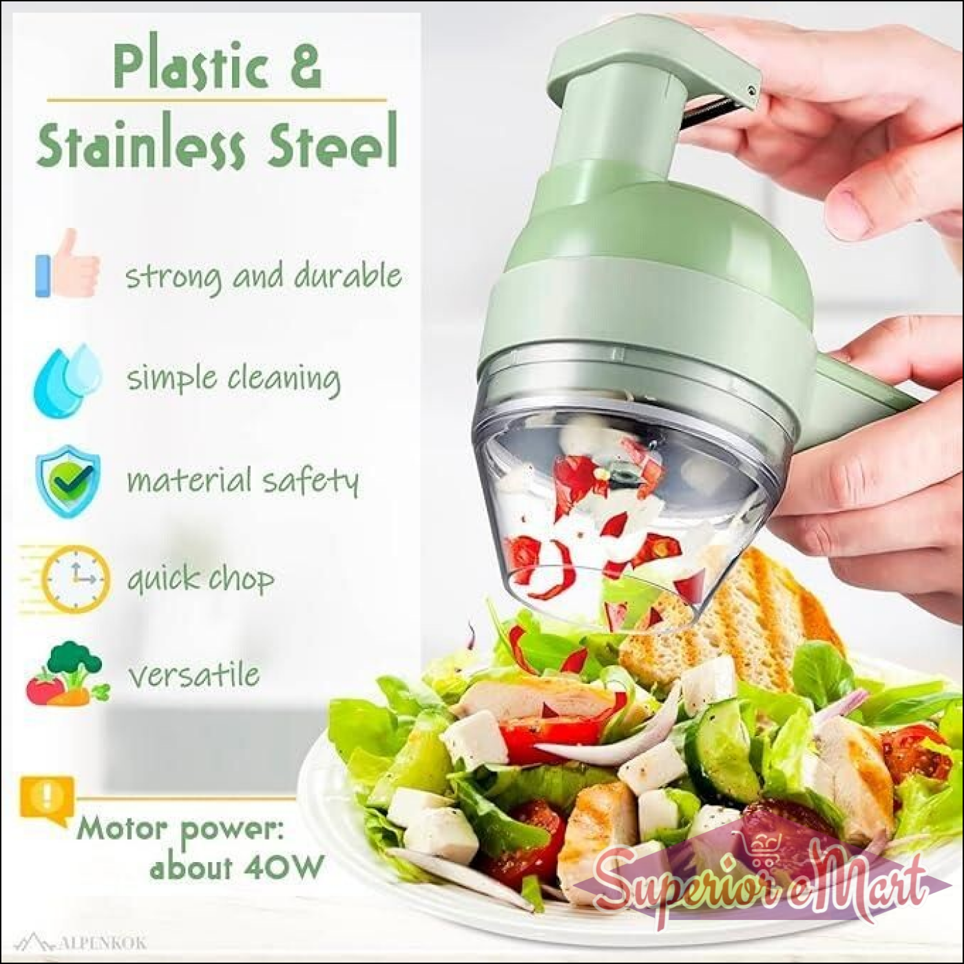 Handheld food chopper with salad on a plate, featuring text about its features.