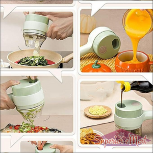Collage of a kitchen tool being used for various cooking tasks.