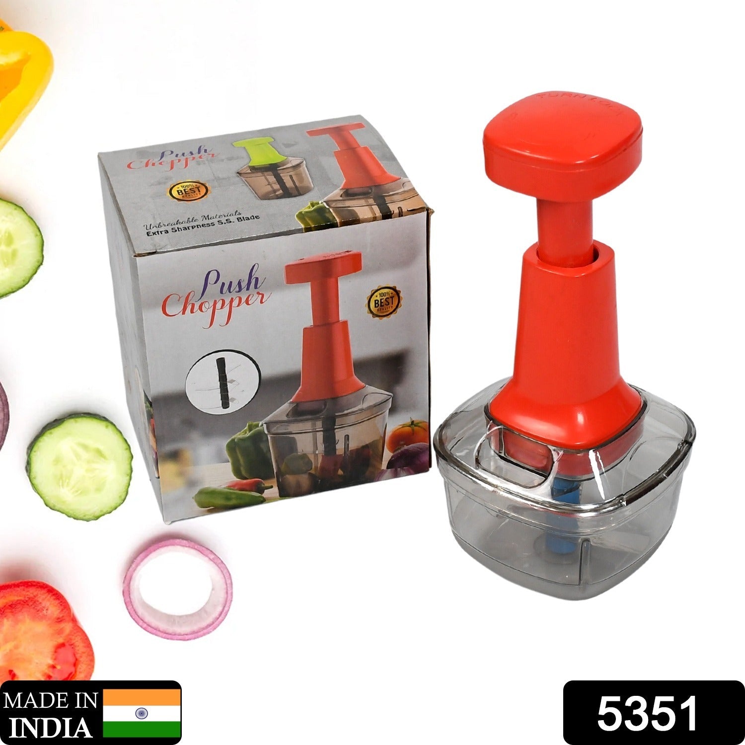 Hand push vegetable chopper with three blades