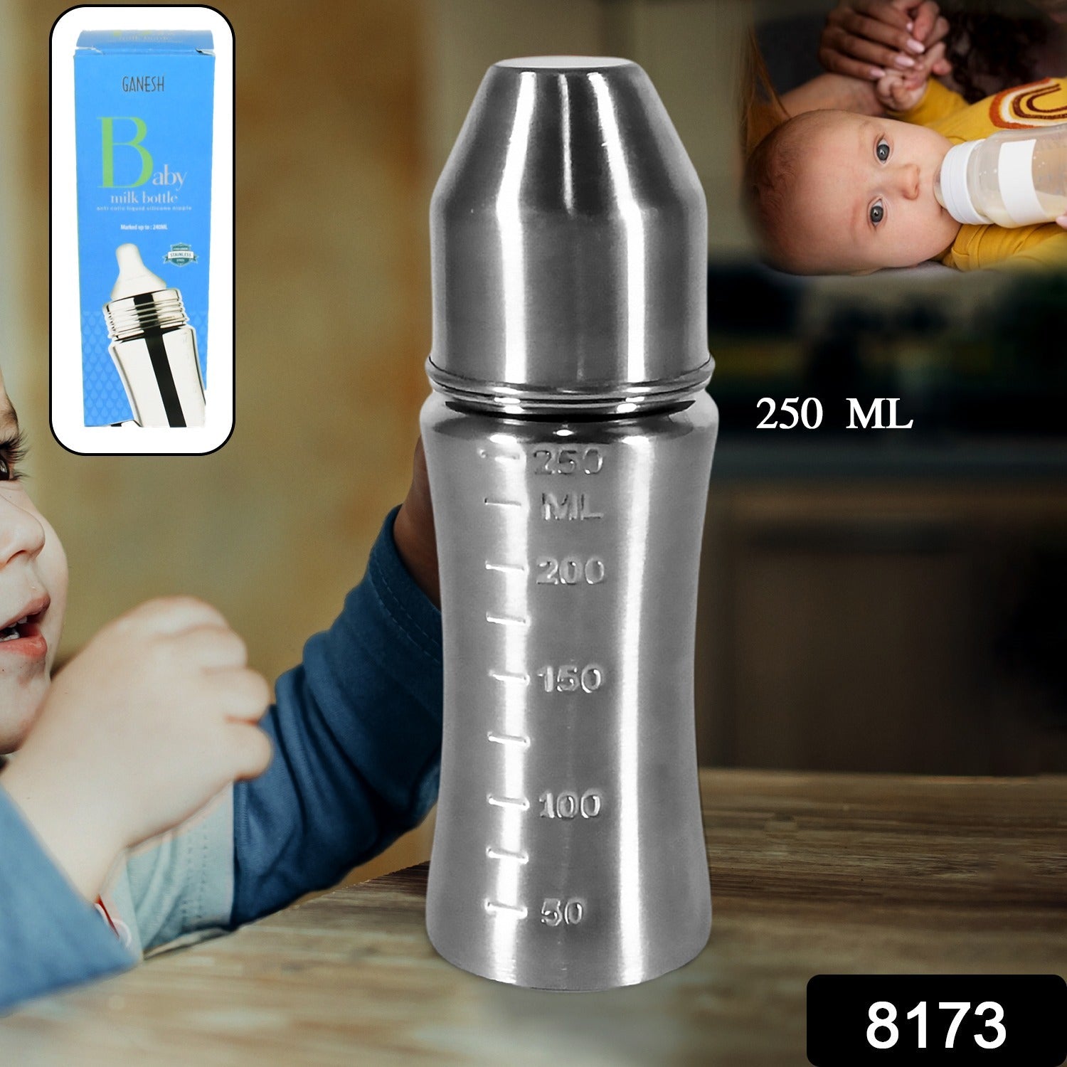 Ganesh Stainless Steel Baby Feeding Bottle, Milk Bottle for New Born / Infants / - 8173_ganesh_ss_baby_milk_bottle_250ml