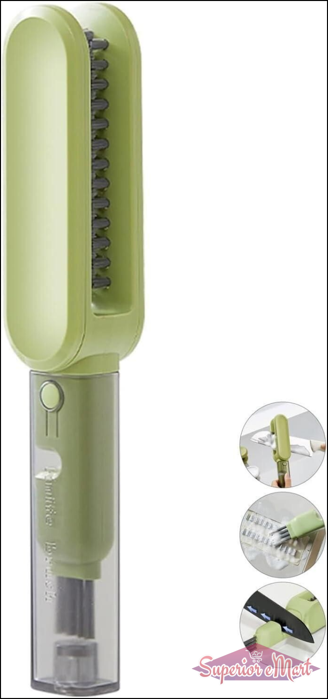 Green handheld cleaning brush with bristle head and visible brand name on a white background.