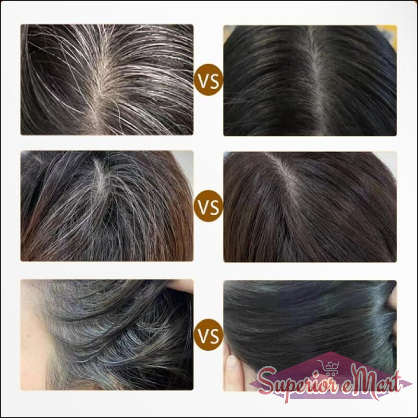 Three before-and-after photo comparisons showing gray hair roots VS solid dark brown and black hair coverage.