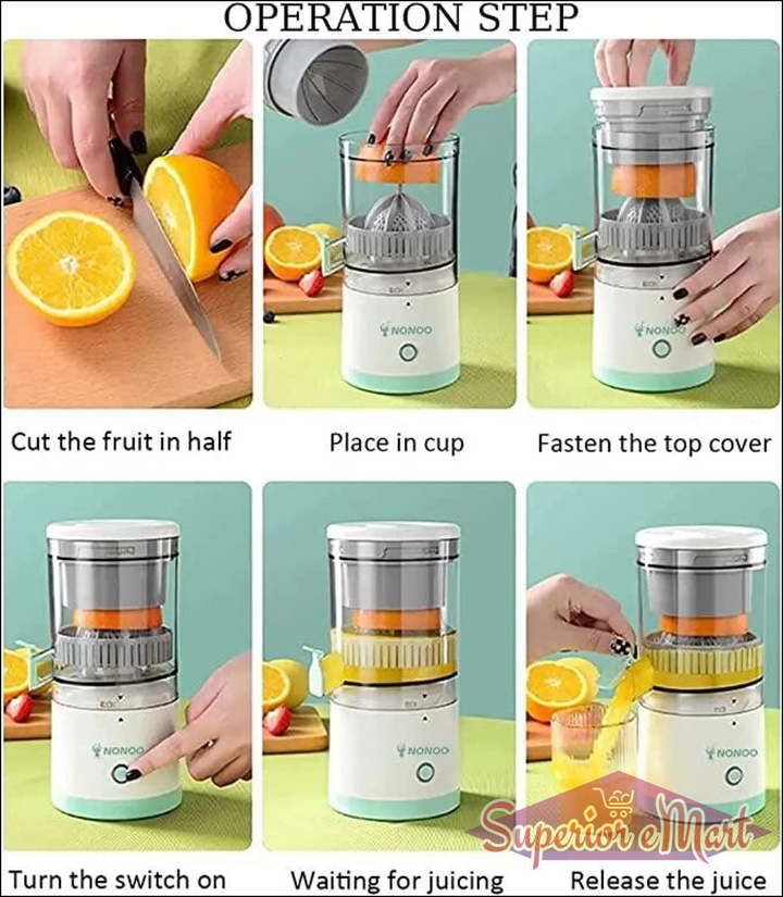 Graphic showing 6 steps to use a white and teal NONOO electric citrus juicer to make fresh orange juice.