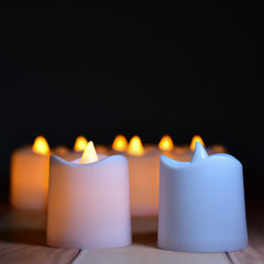 Plastic LED tealights for home decor.