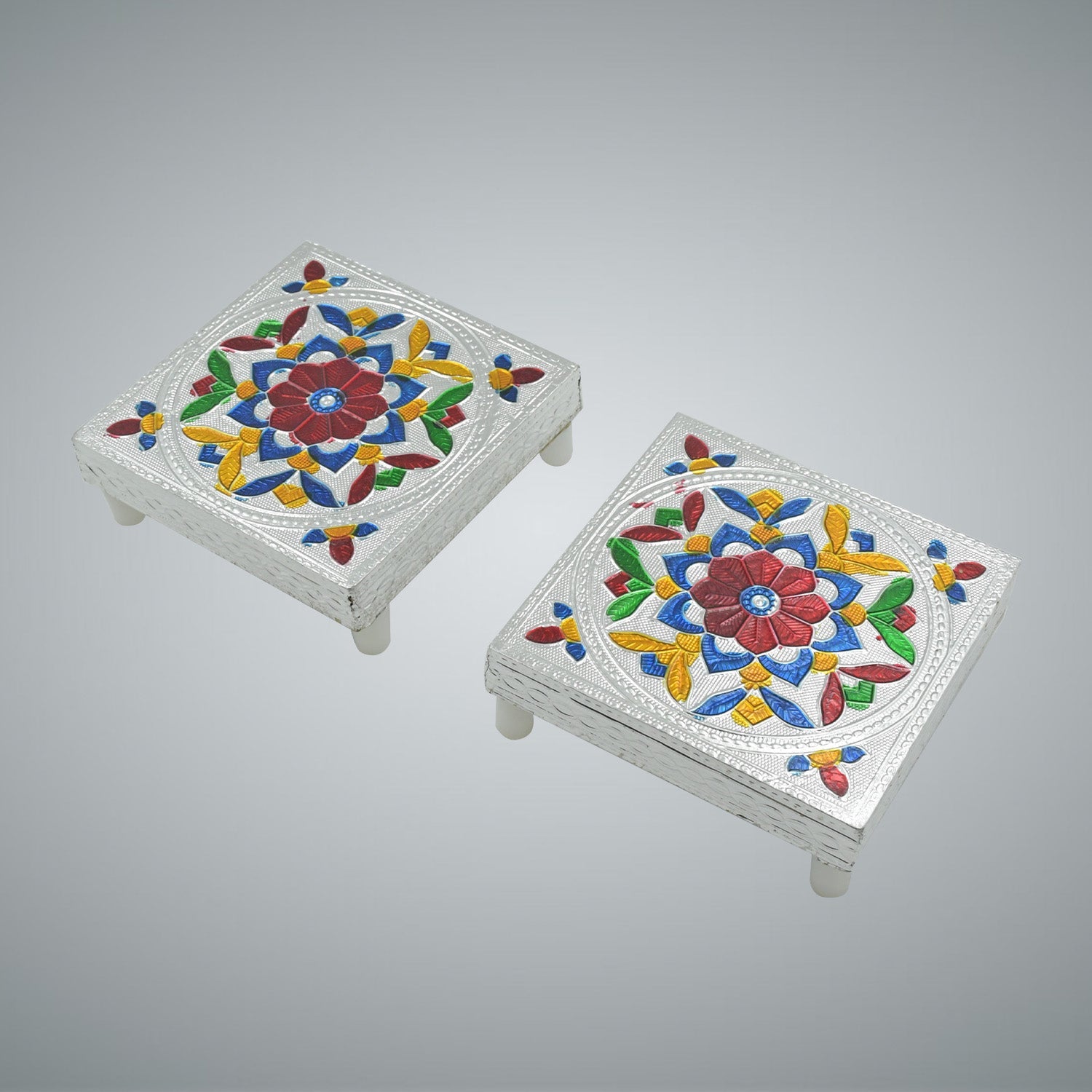 2 Pc Meenakari Wooden Chowki & Bajot Set: For Home & Office Puja (Multicolor) - 2563_silver_bajot_2pc_set