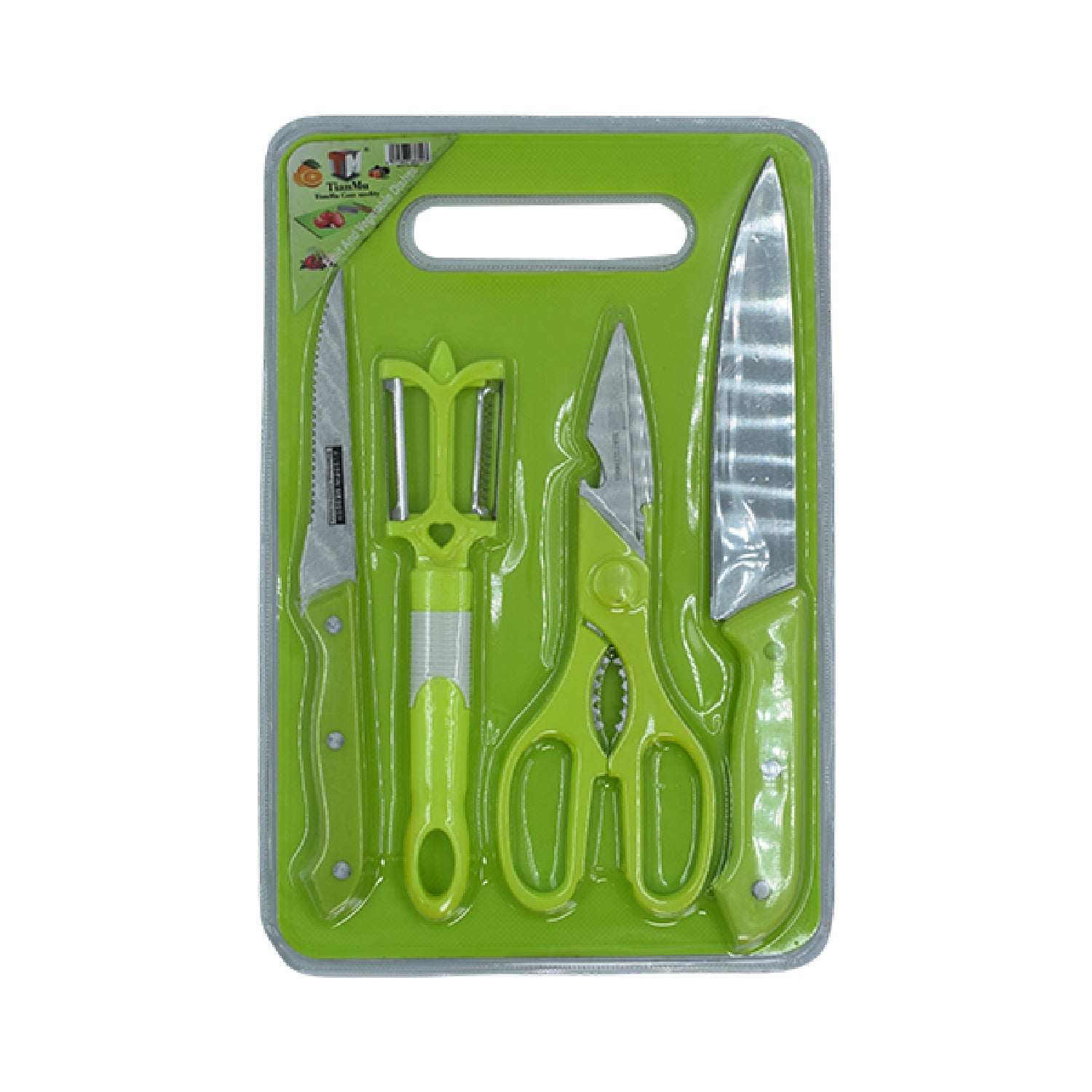 Plastic chopping board with stainless steel knife and scissor