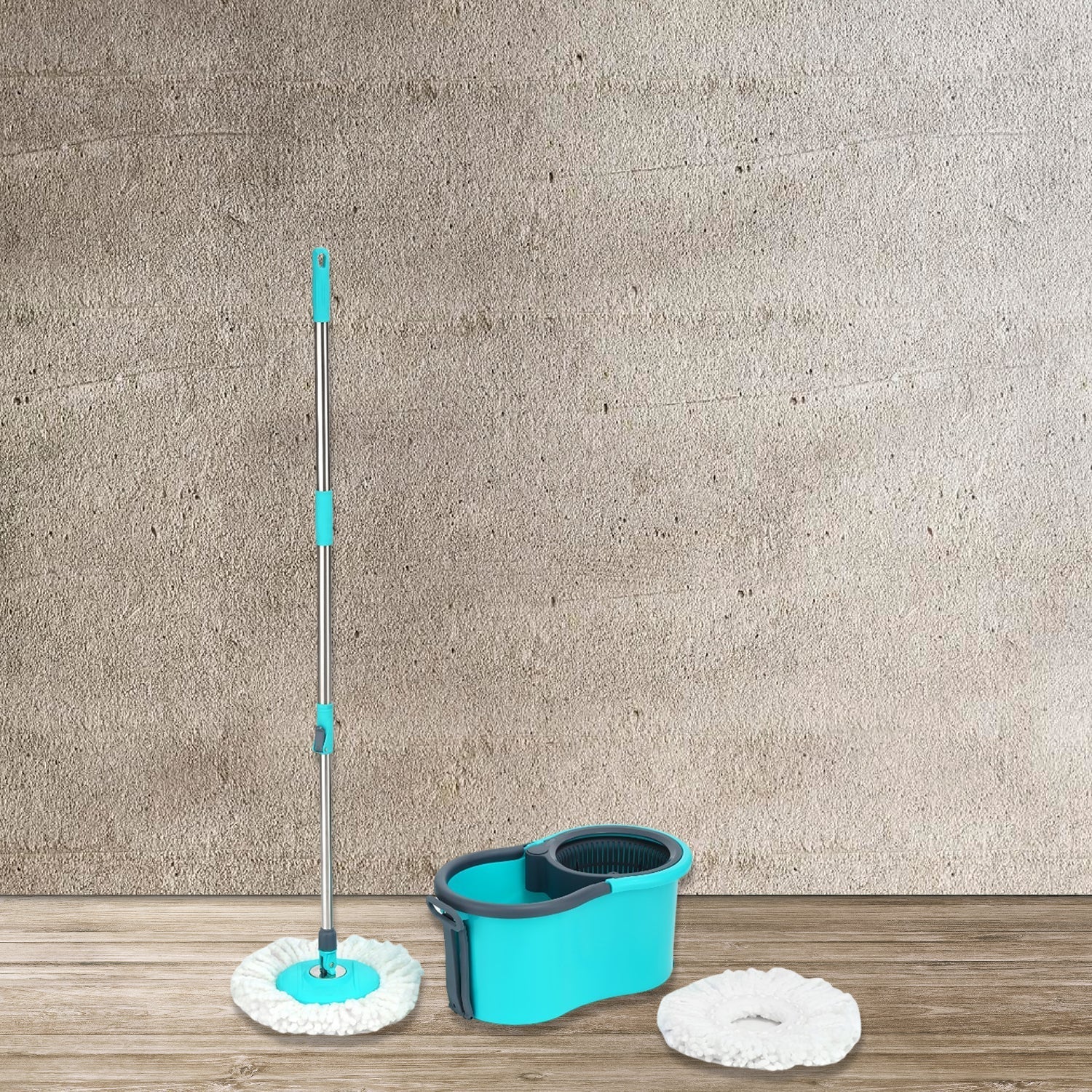 Quick spin mop with plastic bucket and easy wheels.