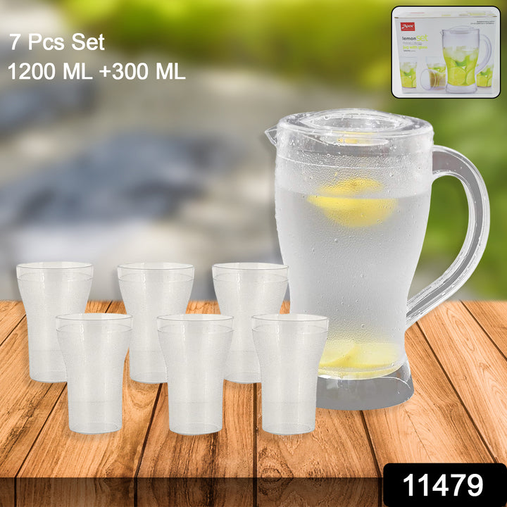 Superior eMart 7 piece unbreakable glassware set with pitcher and six glasses on wooden surface