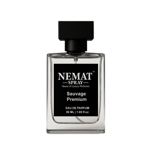 Nemat Sauvage Premium 50ml perfume in a clear glass rectangular bottle with a black label and square black cap.