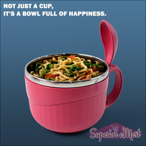 Pink multipurpose noodle bowl with lid, ideal for serving hot noodles and easy to use