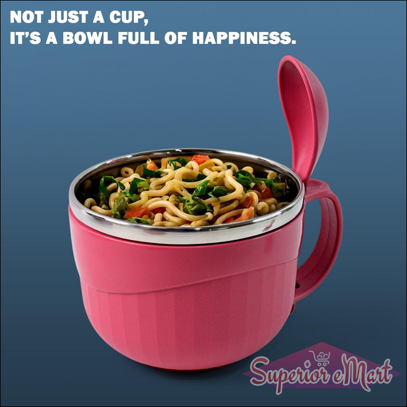 Pink multipurpose noodle bowl with lid, ideal for serving hot noodles and easy to use