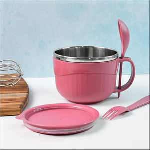 Pink multipurpose noodle bowl with lid, featuring a stainless steel interior and a matching spoon