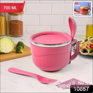 Pink multipurpose noodle bowl with lid, featuring a sturdy handle and included fork for easy serving