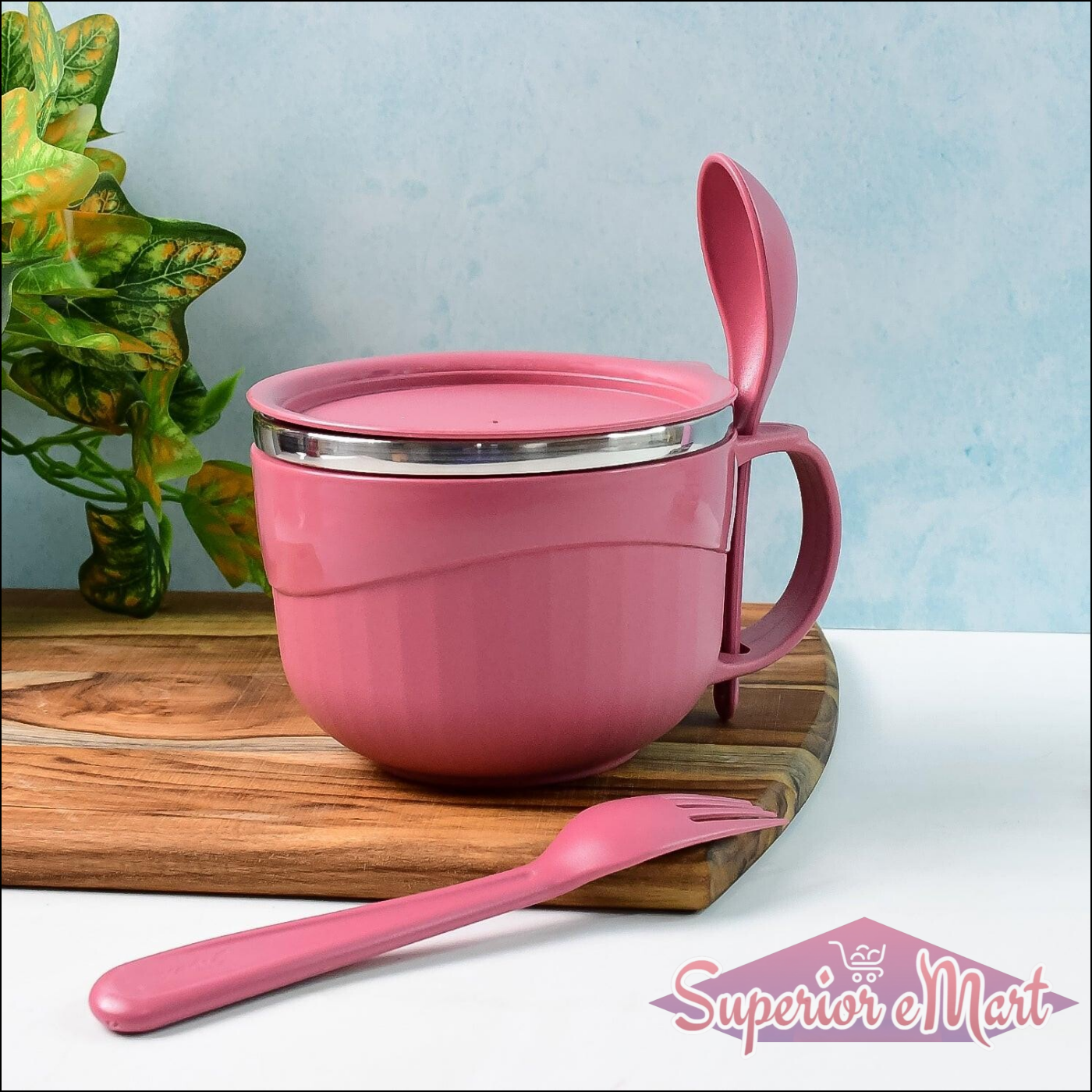 Pink multipurpose noodle bowl with lid and matching fork, perfect for meals at home or on the go