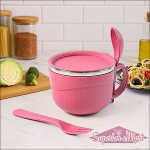 Superior eMart multipurpose noodle bowl with lid in pink, featuring a spoon and fork for easy serving