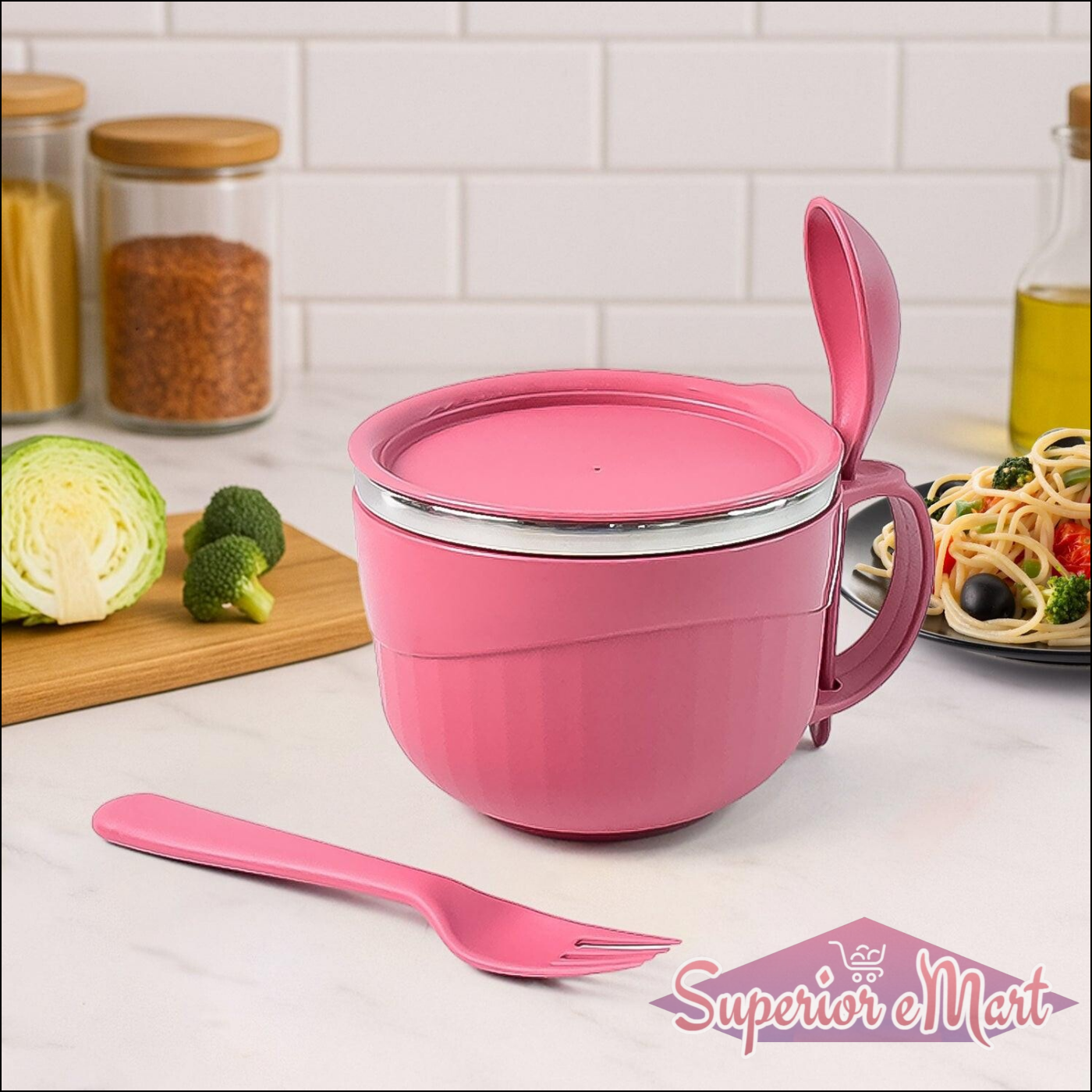 Superior eMart multipurpose noodle bowl with lid in pink, featuring a spoon and fork for easy serving