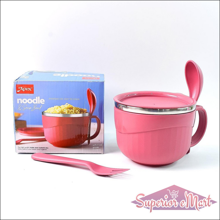 Pink multipurpose noodle bowl with lid and spoon, perfect for enjoying noodles on the go