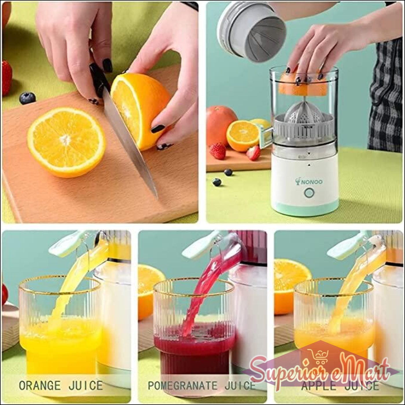 White NONOO electric juicer slicing and pouring orange, pomegranate, and apple juice into gold-rimmed glasses.