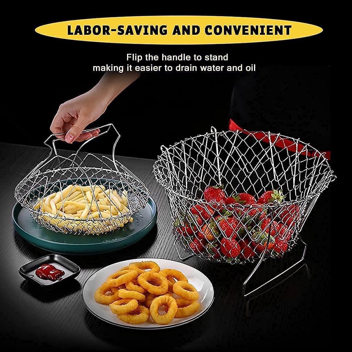 Foldable Steam Rinse Deep Frying Basket, Stainless Steel Fry French Basket Strainer Net Fried Filter Drainage Rack for Fried Food or Fruits Multifunctional Kitchen Cooking Tool