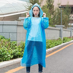 Adult raincoat, waterproof with button closure and portable design.