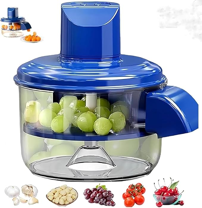 Blue electric grape and tomato slicer with clear plastic bowl and side chute, filled with green grapes.