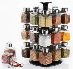 Large 360° spice rack with 24 square containers for kitchen use