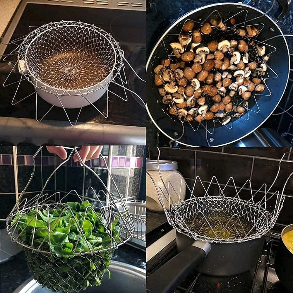 Foldable Steam Rinse Deep Frying Basket, Stainless Steel Fry French Basket Strainer Net Fried Filter Drainage Rack for Fried Food or Fruits Multifunctional Kitchen Cooking Tool