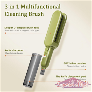 3-in-1 multifunctional cleaning brush with features highlighted on a beige background
