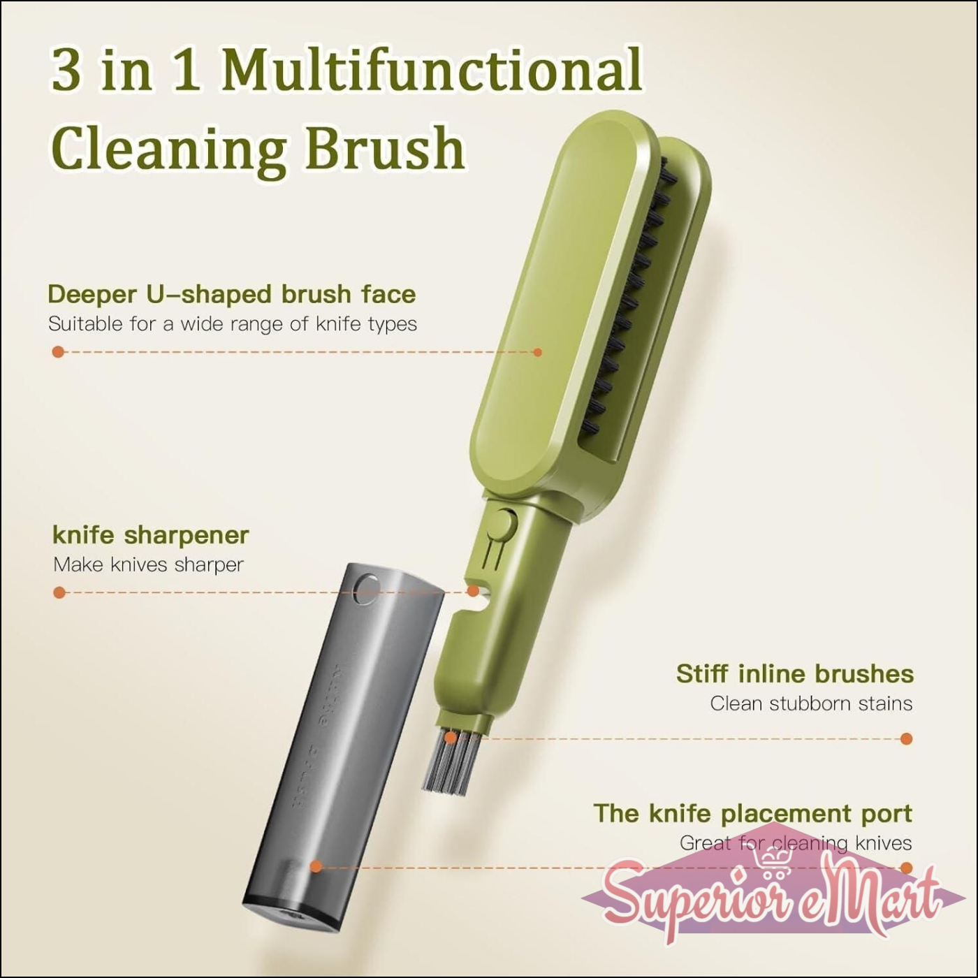 3-in-1 multifunctional cleaning brush with features highlighted on a beige background